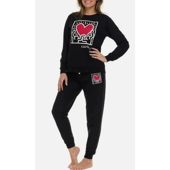 NWT Keith Haring Soft Fleece Lounge Set Long Sleeve Crew & Joggers Black XXL - Picture 1 of 3